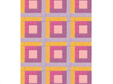 Pattern of squares in pink, yellow, and purple on a white background
