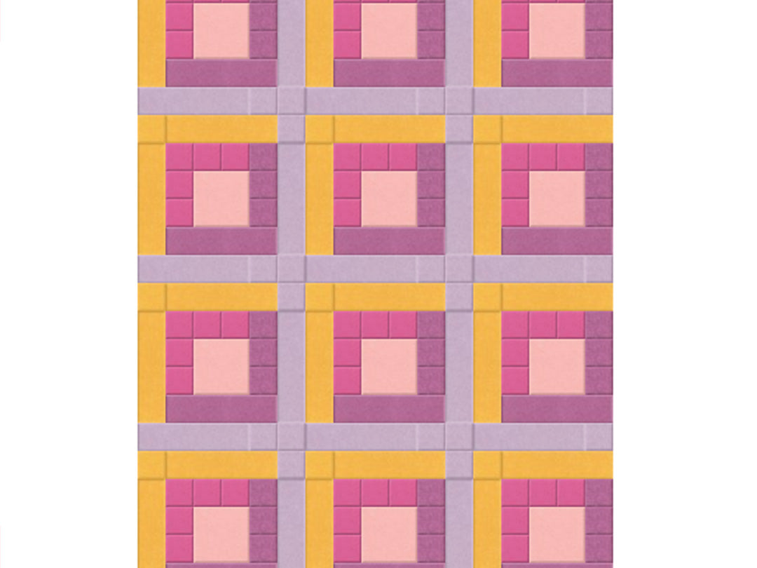 Pattern of squares in pink, yellow, and purple on a white background