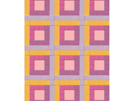 Pattern of squares in pink, yellow, and purple on a white background