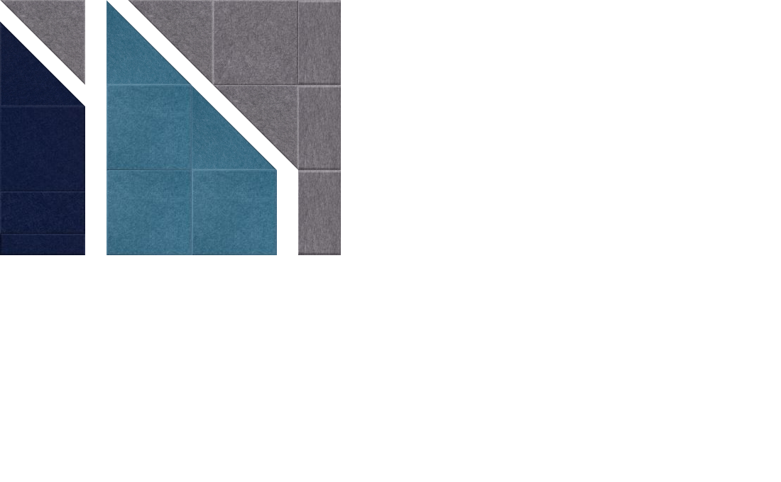 Abstract geometric design with navy, teal, and gray angular shapes and white borders.