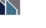 Abstract geometric design with navy, teal, and gray angular shapes and white borders.