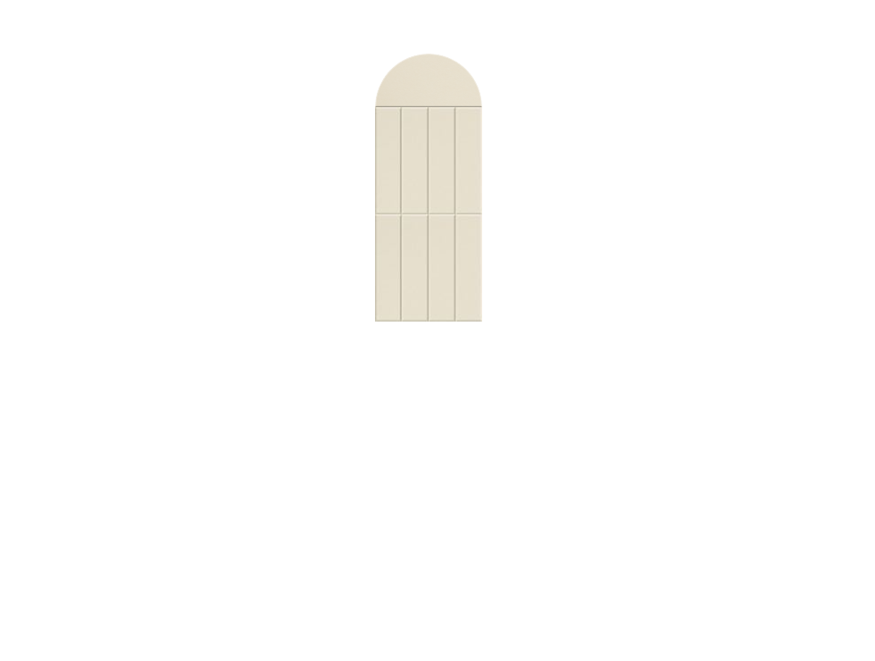 Beige arched window with half-circle top and three vertical panel divisions separated by horizontal line.