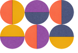 Six circles divided into colored sections in orange, yellow, purple, and navy blue.