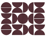 Dark burgundy geometric pattern featuring circles and semicircles divided by white lines on white background.