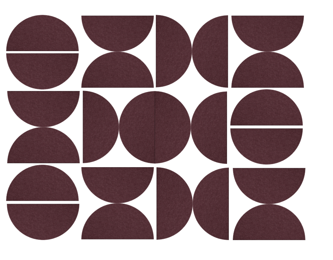 Dark burgundy geometric pattern featuring circles and semicircles divided by white lines on white background.
