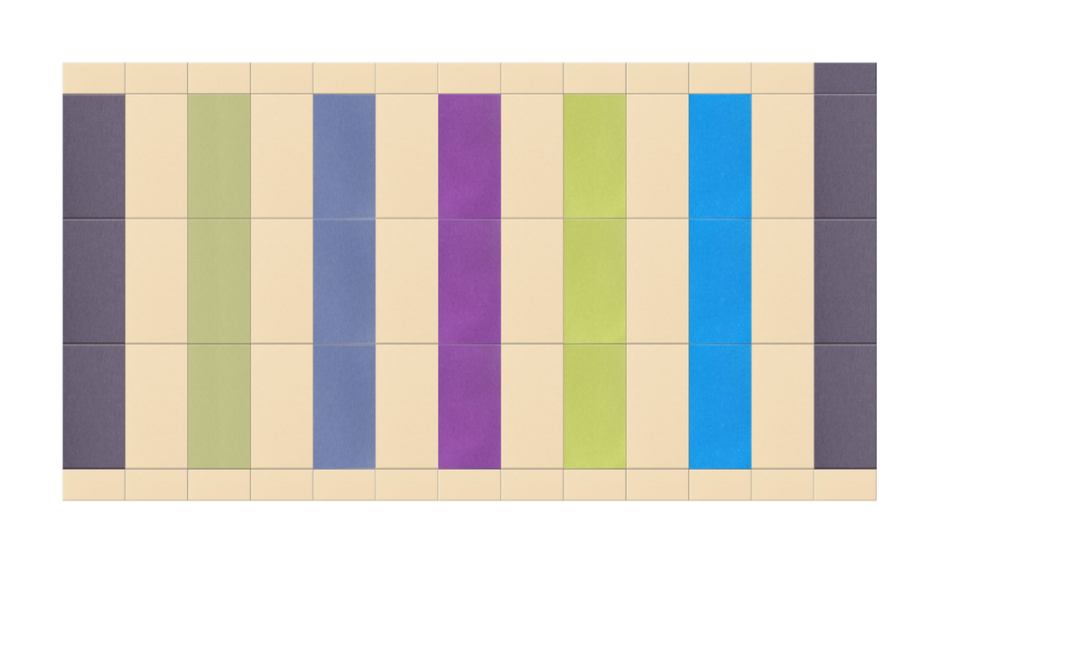 Modular wall panel design with vertical stripes in gray, cream, sage, blue, purple, lime, and cyan on square tiles.