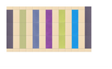 Modular wall panel design with vertical stripes in gray, cream, sage, blue, purple, lime, and cyan on square tiles.