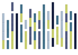 Stacked vertical bar chart with multiple colored segments in navy, teal, gray, and lime green showing data distribution acros