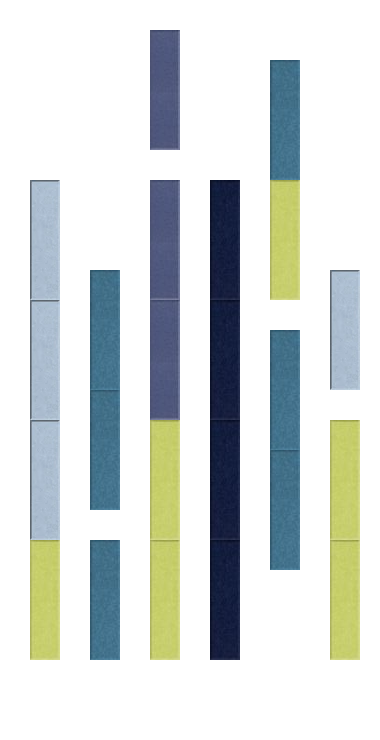 Vertical striped fabric swatches in blue, teal, navy, and lime green colorblocks arranged in six columns.