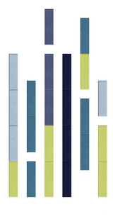 Vertical striped fabric swatches in blue, teal, navy, and lime green colorblocks arranged in six columns.