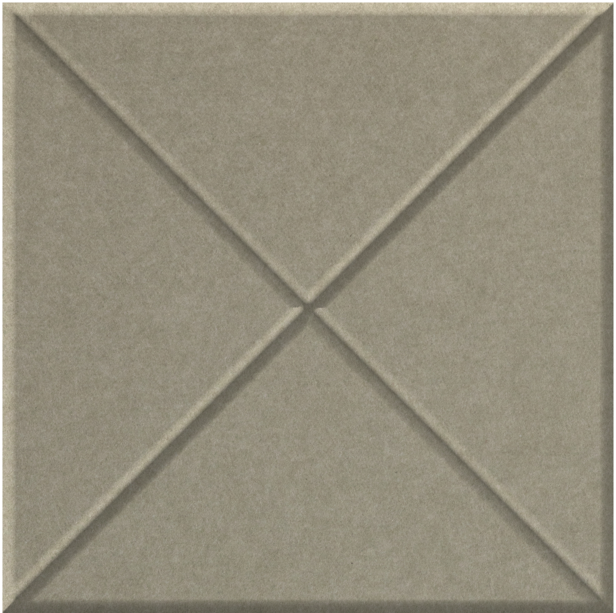 Beige tile with raised cross pattern creating four triangular sections from center point.