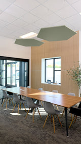 Two sage green hexagonal acoustic panels suspended from ceiling above office conference table.