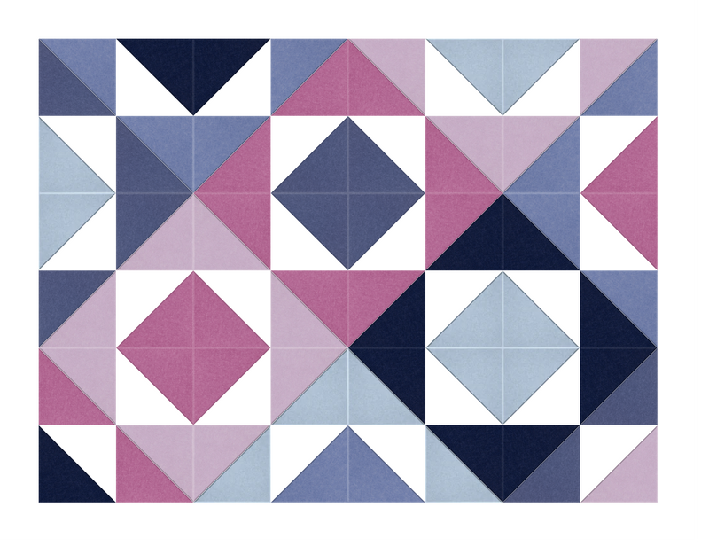 Geometric quilt pattern with diamonds and triangles in navy, pink, light blue, and white.