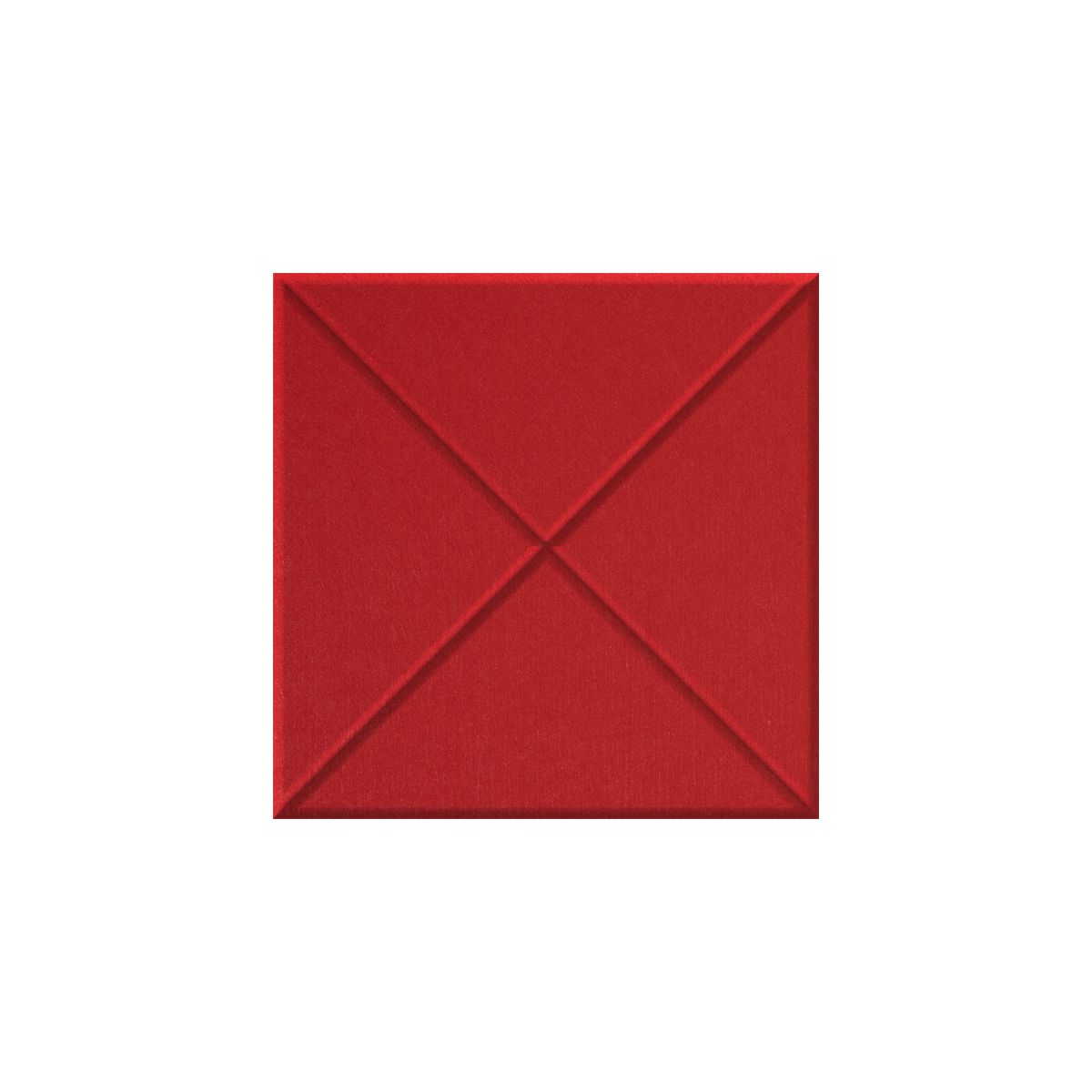 A square red textured panel or tile with a diagonal X-shaped fold pattern, centered on a plain white background.