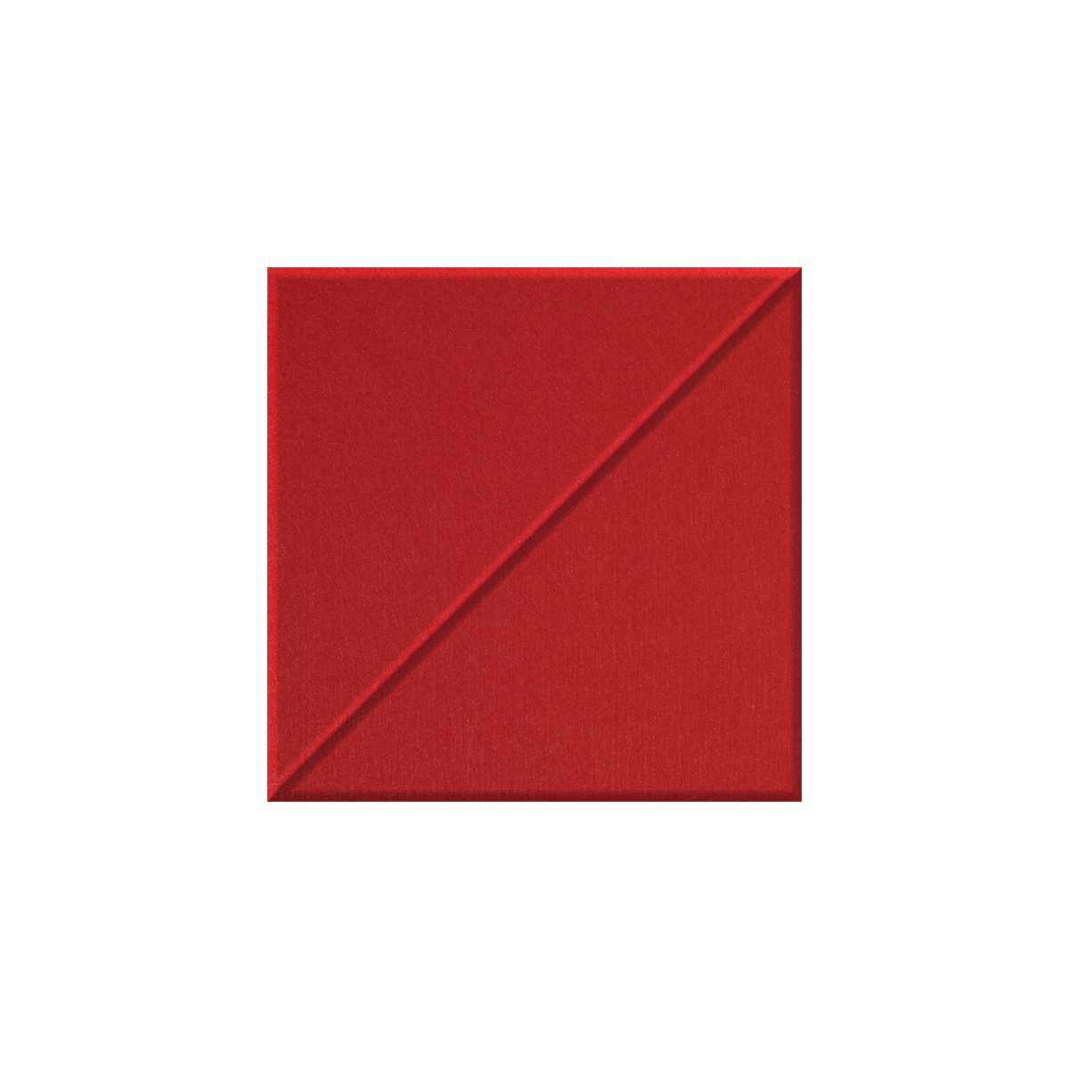 A square red fabric or paper swatch with a diagonal seam running from corner to corner, centered on a plain white background.
