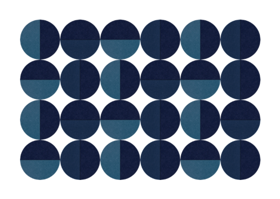 A Felt Right modern design of blue circular shapes on a white background displayed in a bedroom, entry way, or living room