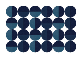 A Felt Right modern design of blue circular shapes on a white background displayed in a bedroom, entry way, or living room
