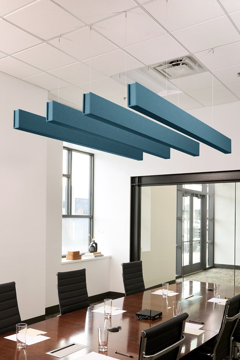 PET felt suspended acoustic beam in Slate Blue by Felt Right absorbs unwanted noise and looks great in any setting. Available in four or eight foot lengths. Clips into ACT grid or drills into drywall ceiling.
