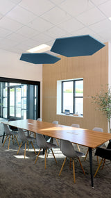 Two dark teal hexagonal acoustic baffles suspended from ceiling above conference table in modern office space.