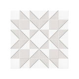 Geometric mosaic tile sheet featuring a starburst pattern with alternating white and light beige tiles.