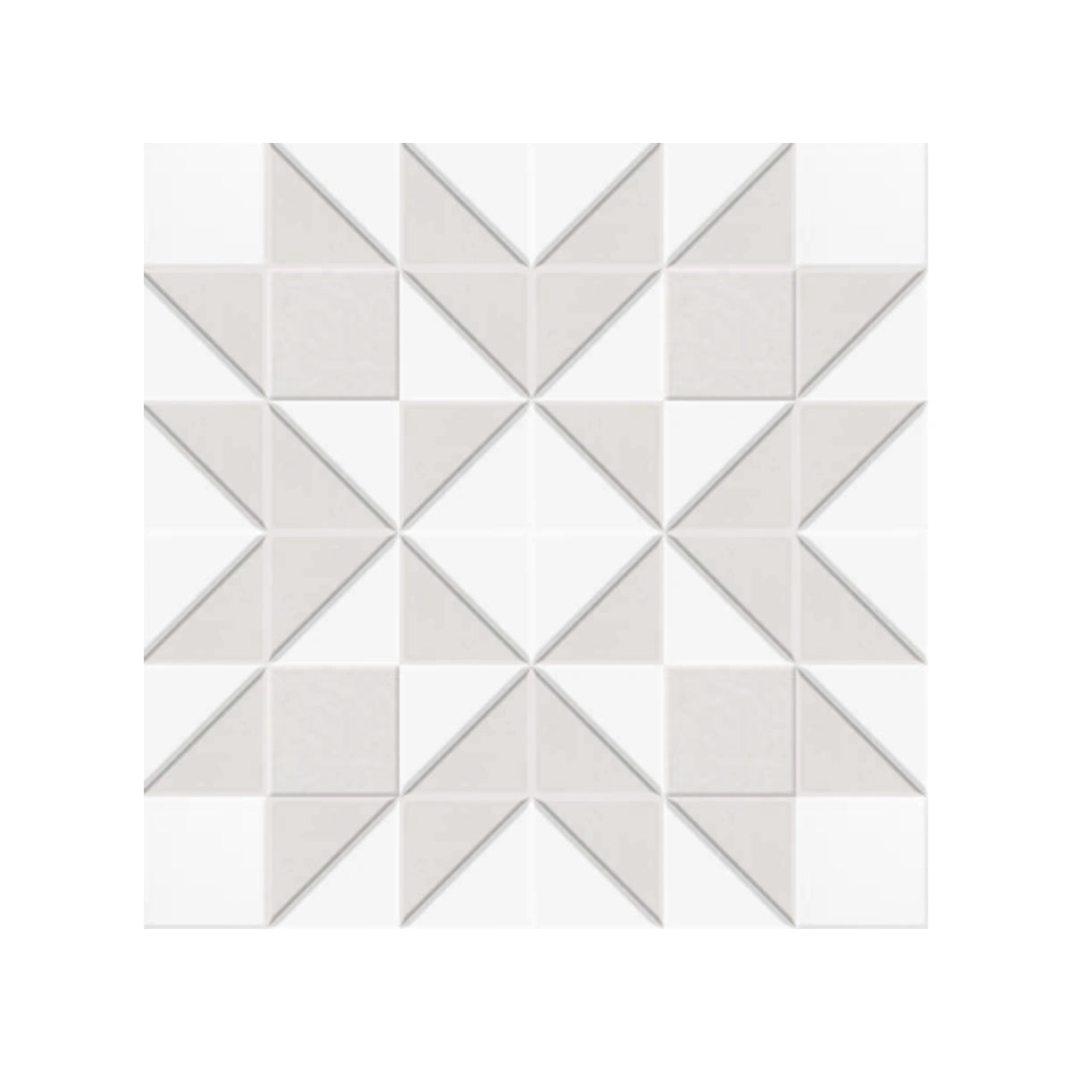 Geometric mosaic tile sheet featuring a starburst pattern with alternating white and light beige tiles.