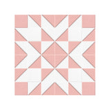 A square geometric mosaic tile sheet featuring a repeating pattern of pink and white triangles and diamonds on a clean white background.
