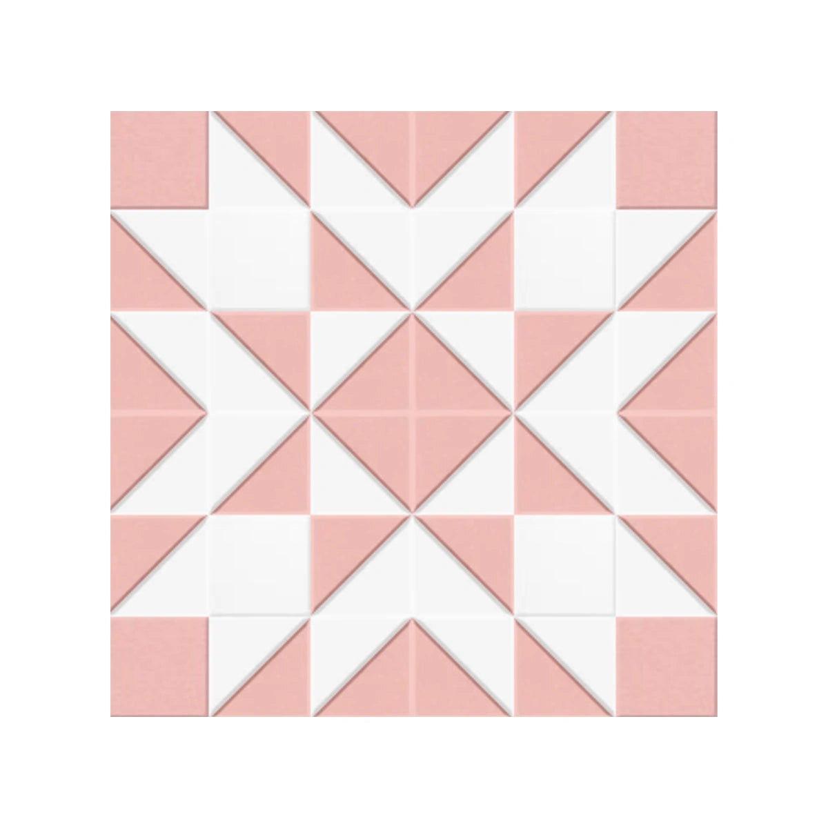 A square geometric mosaic tile sheet featuring a repeating pattern of pink and white triangles and diamonds on a clean white background.