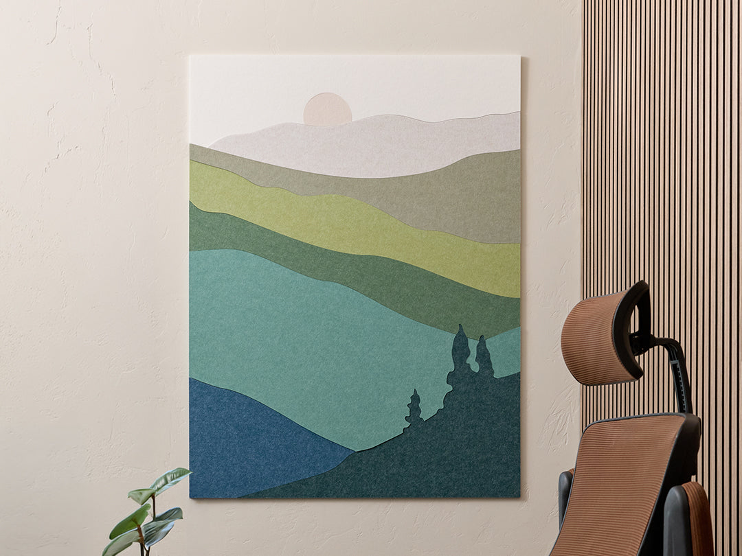 Acoustic Felt art of a stylized landscape with mountains and trees, on a wall, great smoky mountains