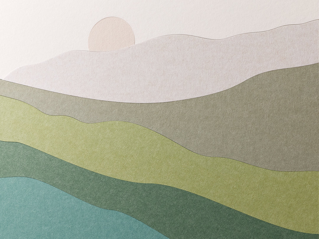 Simplified landscape with wavy green and beige patterns on a light background