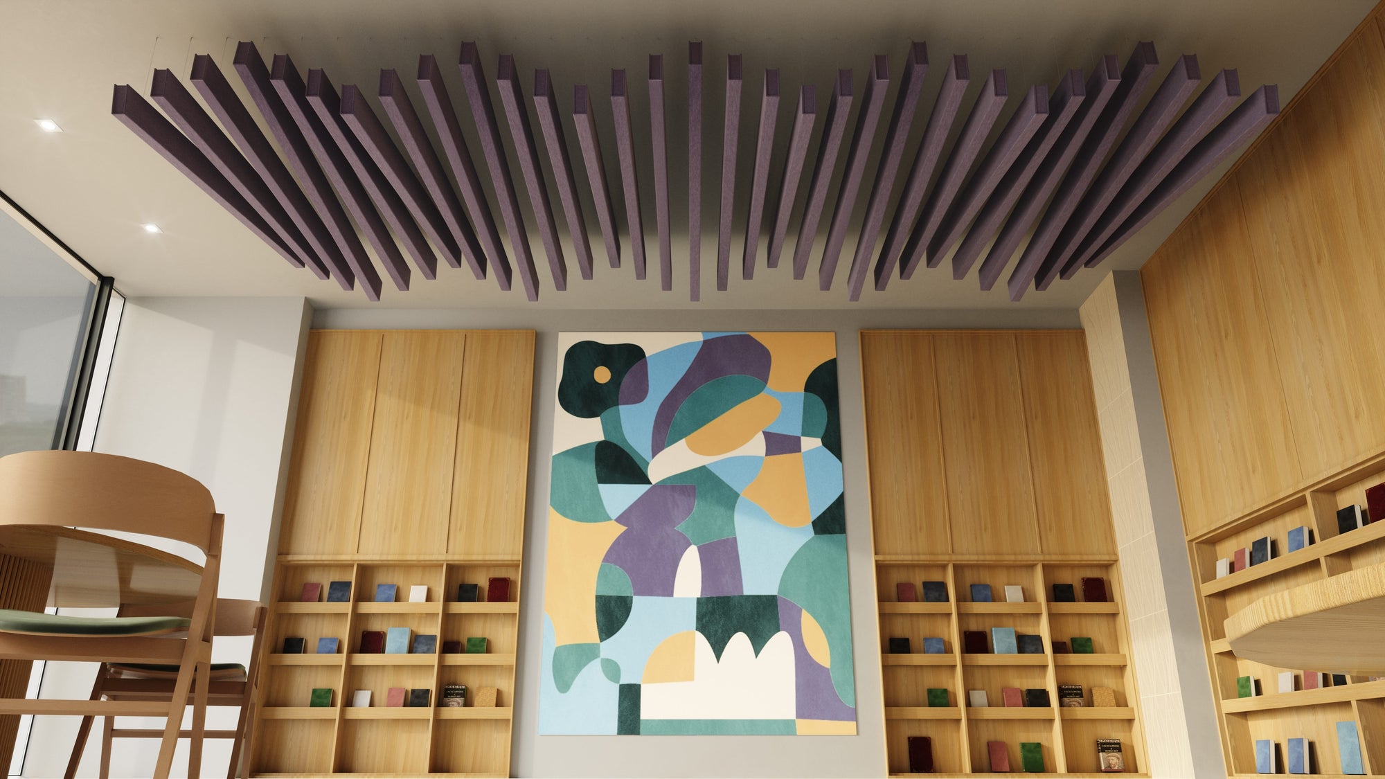 Acoustic panels and beams in a library space
