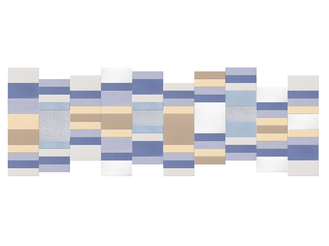 geometric wall art in shades of blue and earth tones