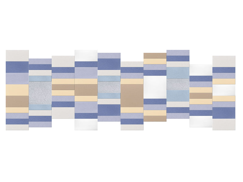 geometric wall art in shades of blue and earth tones