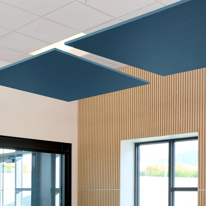Square Flat Cloud acoustic ceiling baffles in navy blue felt