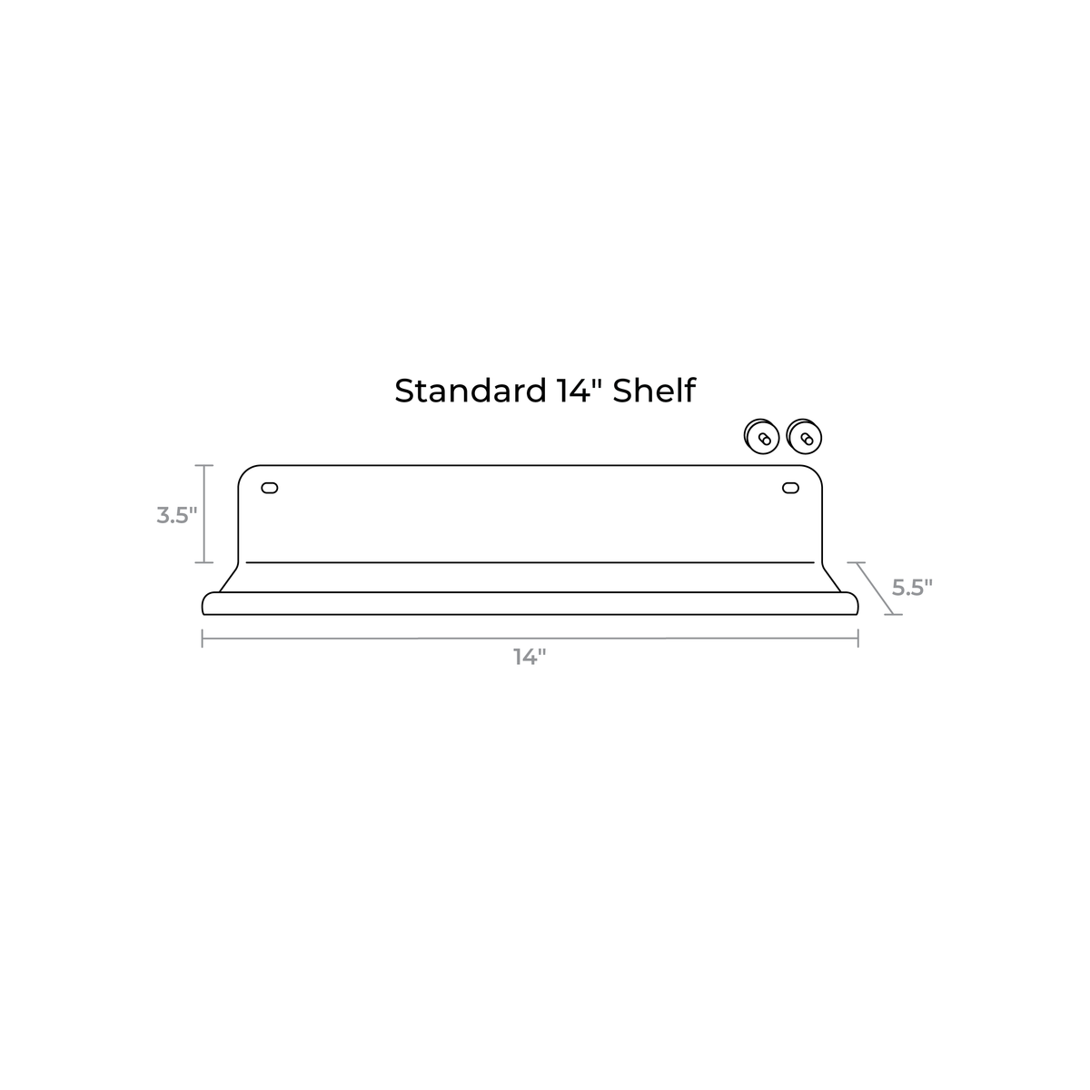 A simple line drawing on a white background showing a shelf profile labeled 'Standard 14" Shelf' with dimensions 14 inches wide, 3.5 inches tall, and 5.