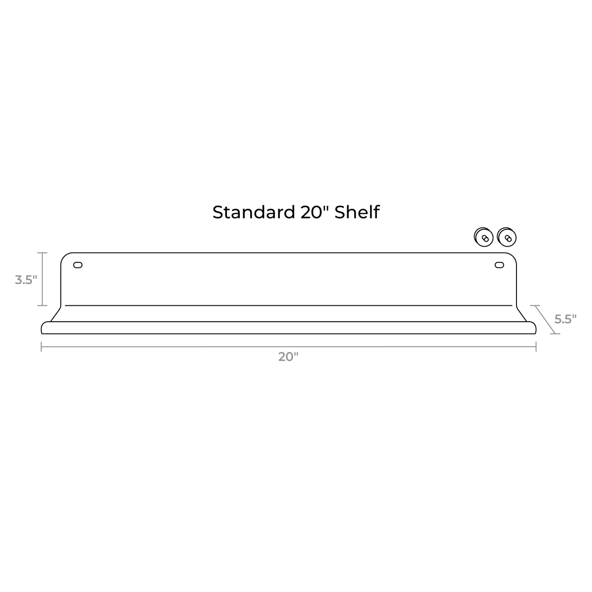 A black and white line drawing diagram of a shelf with dimension labels indicating a standard 20-inch shelf height of 3.5 inches, width of 20 inches, and base width of 5.