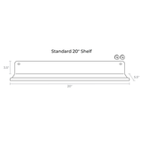 A black and white line drawing diagram of a shelf with dimension labels indicating a standard 20-inch shelf height of 3.5 inches, width of 20 inches, and base width of 5.