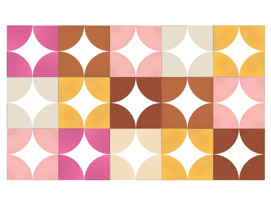 Patterned rug with circular design in pink, brown, yellow, and beige on a white background