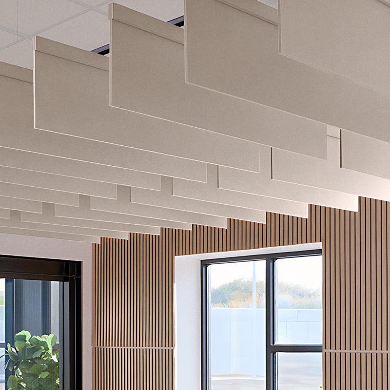 Straight felt ceiling blades in light gray above a room with wood slat walls