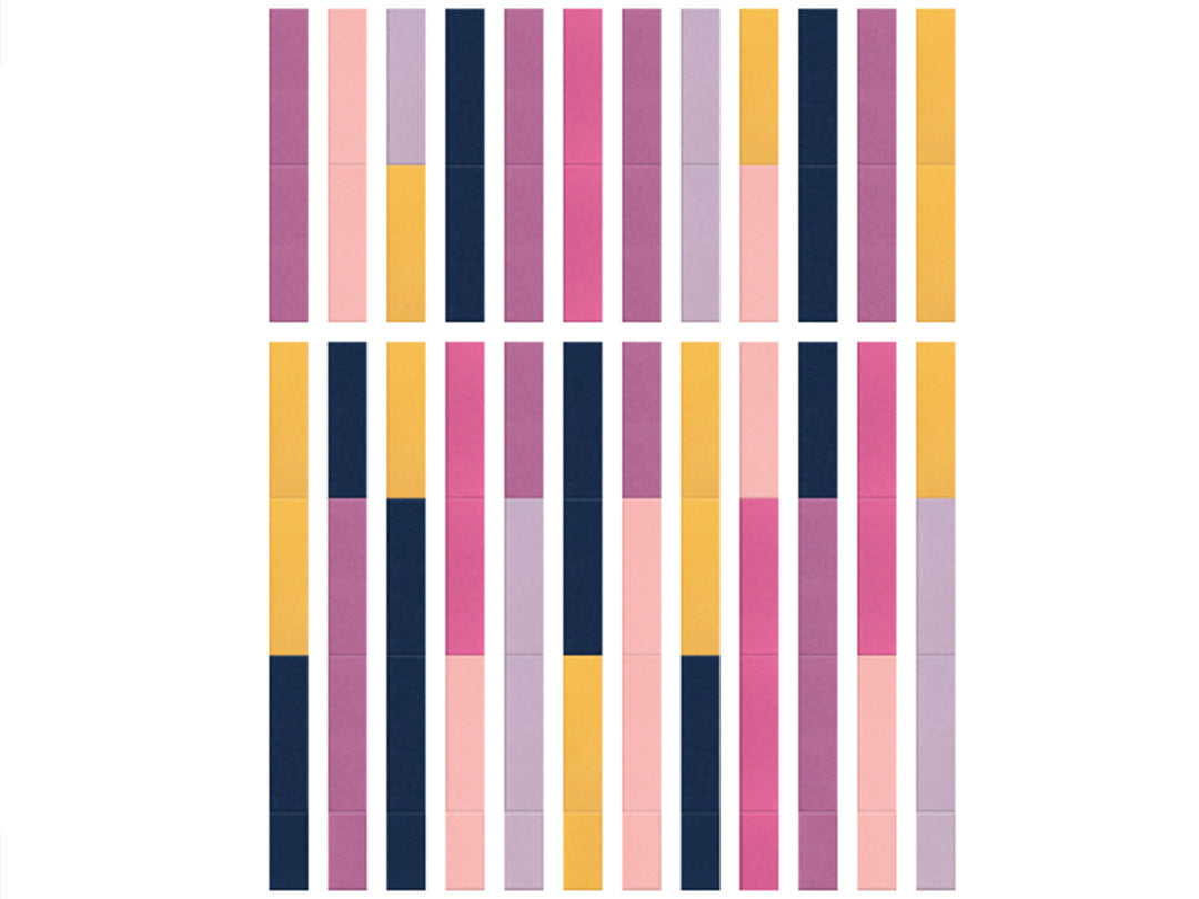 Pattern of alternating pink, yellow, and blue vertical stripes on a white background
