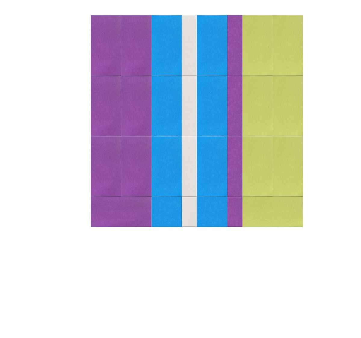 Geometric color-block design with purple, blue, white, and lime green vertical stripes arranged in a grid pattern.