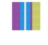 Geometric color-block design with purple, blue, white, and lime green vertical stripes arranged in a grid pattern.