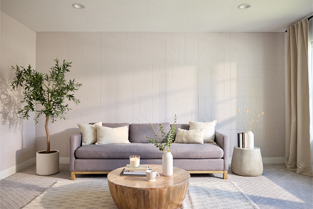 Acoustic Cream Colored Felt Engraved Panels Installed in Living Room.