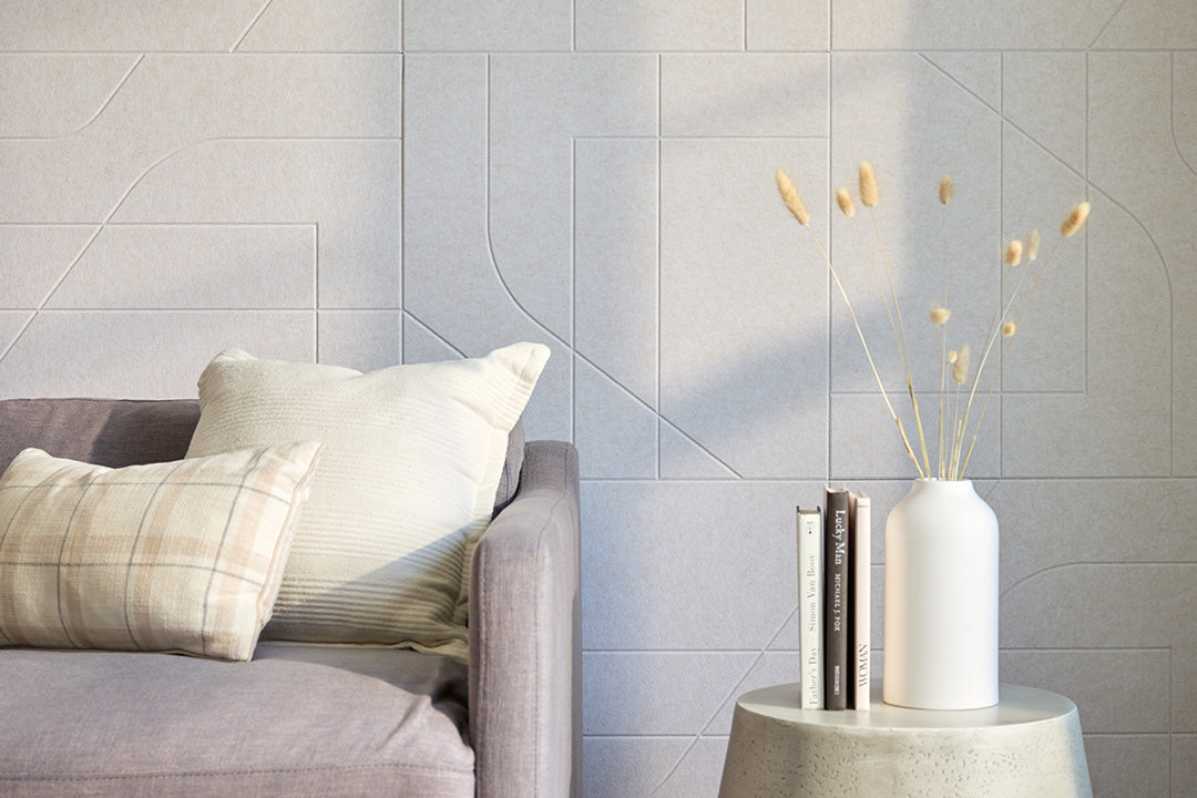 Acoustic Cream Colored Felt Engraved Panels Installed in Living Room.