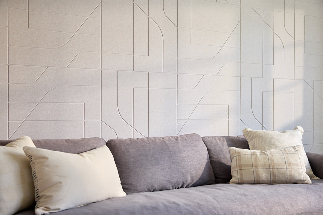 Acoustic Cream Colored Felt Engraved Panels Installed in Living Room.