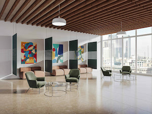 blue suspended room dividers in a open office