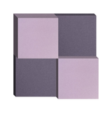 Three-dimensional geometric composition with four interlocking cubes in alternating lavender and charcoal colors.