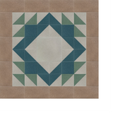 Geometric tile pattern with centered diamond shape in teal and green triangles on cream background with brown border.