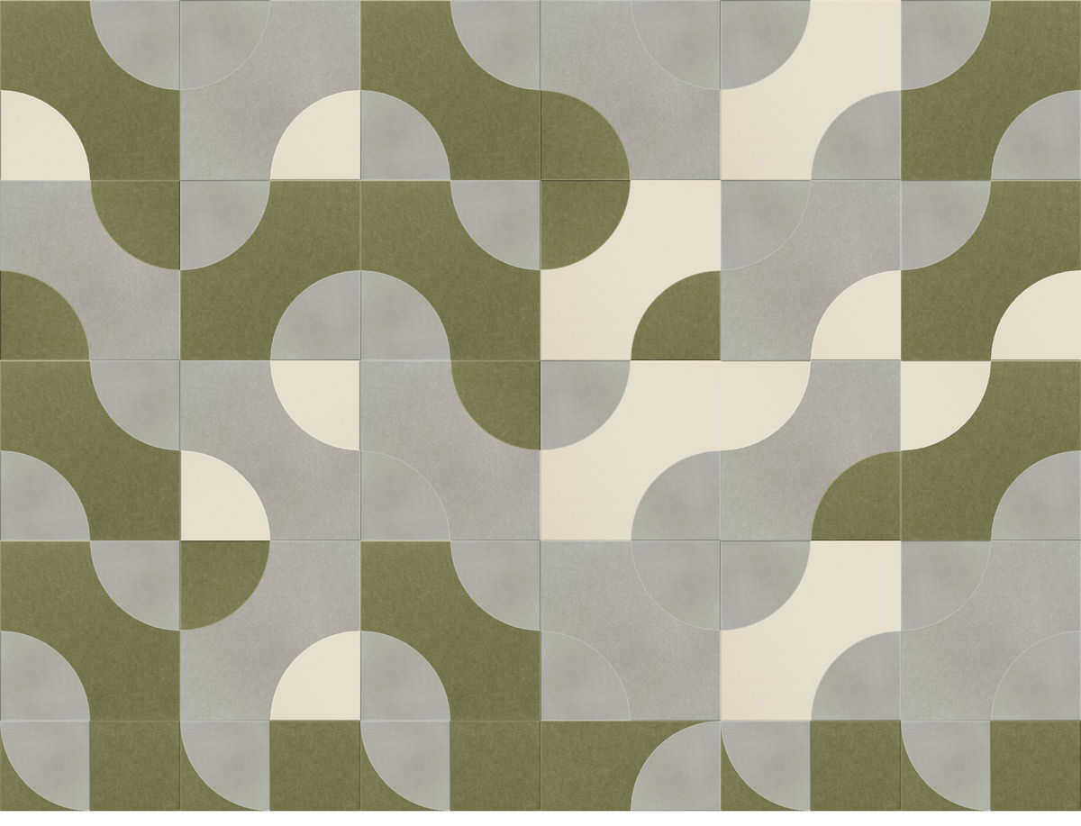 Abstract geometric pattern with interlocking curved shapes in olive green, gray, and cream colors arranged in a grid layout.