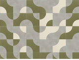 Abstract geometric pattern with interlocking curved shapes in olive green, gray, and cream colors arranged in a grid layout.