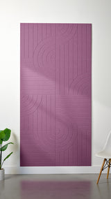 Purple Felt Right 4’ x 8’ PET felt panel with straight and circular lines engraved into the material against a white wall. A plant and chair are in the foreground.